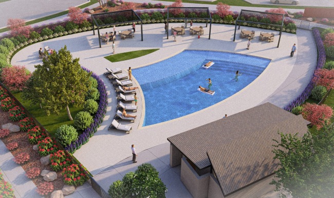 a swimming pool with people in lounge chairs