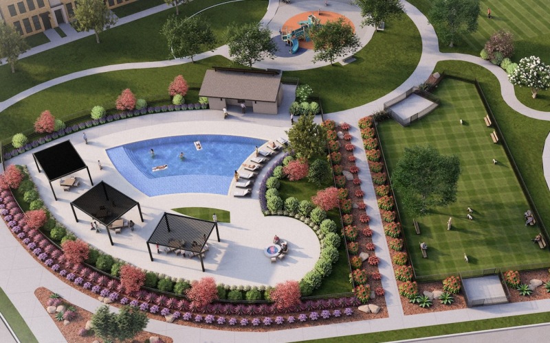 an aerial view of a pool and a dog park